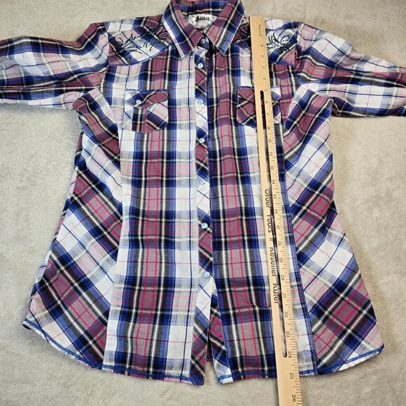 Adiktd Western Top Womens Medium Pink Blue Plaid Embellished Rhinestone Yoke - Picture 6 of 16